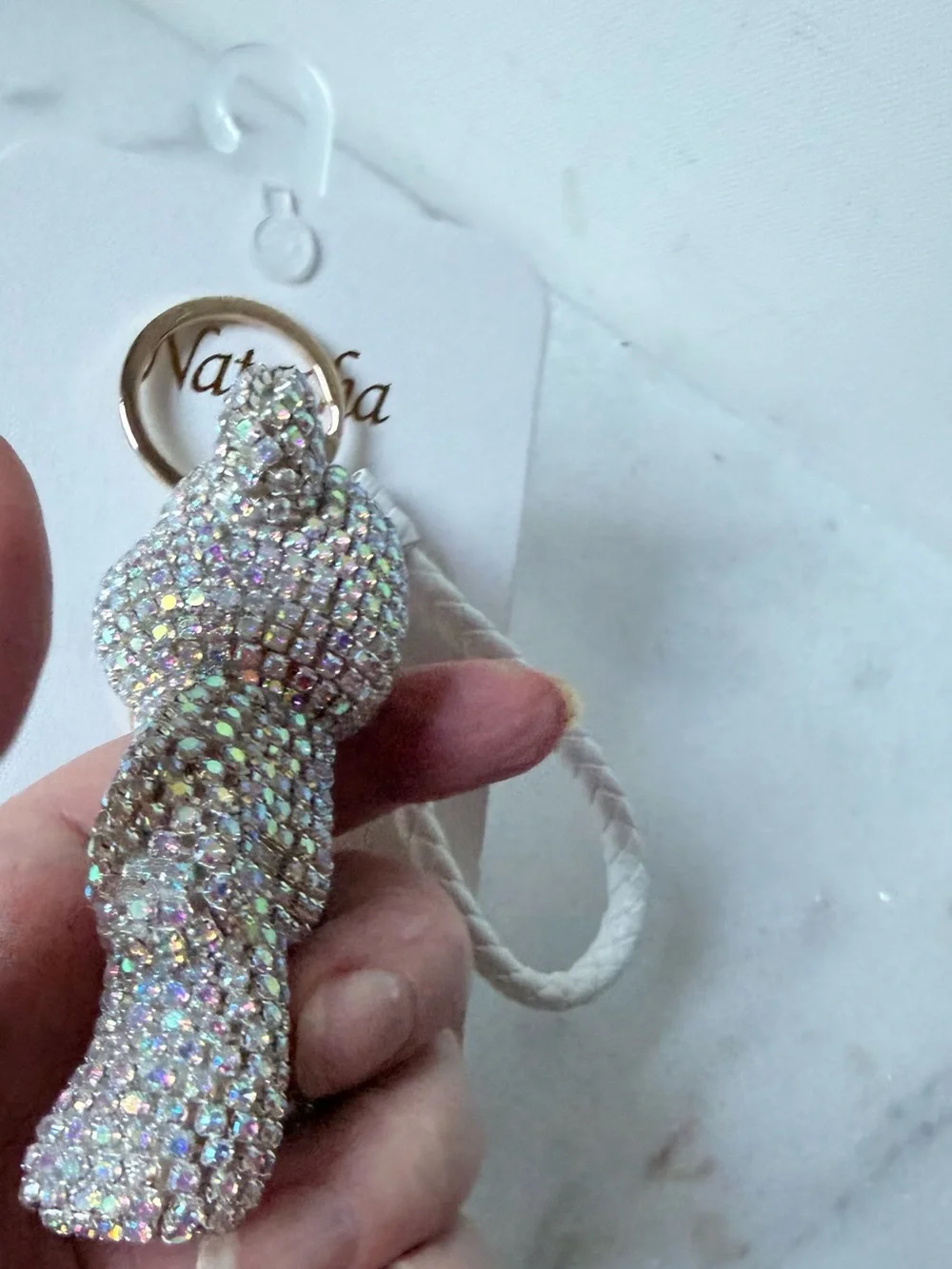 Natasha Couture White Braided Strap Crystal Teddy Bear Keychain